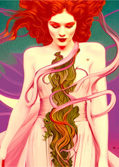 Woman portrait bridail bouquet in Art Nouveau style. Bridail woman in art nouveau style illustration. NFT drawing art. illustration created by neural network. Floral motifs vintage illustration art