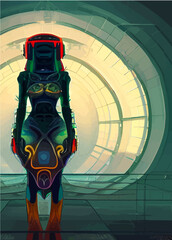 Drawing illustration of a woman robot in cyberpunk style. Illustration of a portrait of a girl&rsquo;s face in the style of anime and cyberpunk. NFT art. illustration created by neural network.