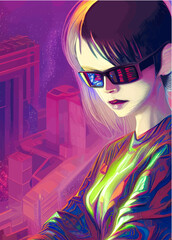 Drawing illustration of a woman robot in cyberpunk style. Illustration of a portrait of a girl&rsquo;s face in the style of anime and cyberpunk. NFT art. illustration created by neural network.