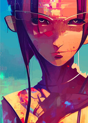 Drawing illustration of a woman robot in cyberpunk style. Illustration of a portrait of a girl&rsquo;s face in the style of anime and cyberpunk. NFT art. illustration created by neural network.