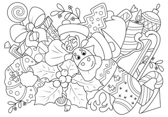 Doodle coloring for children on the theme of Christmas. Funny elements of New Year holidays. Vector illustration