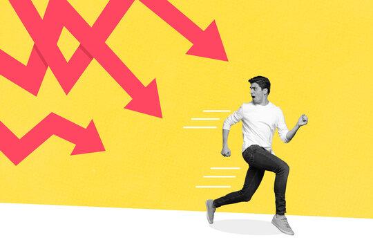 Creative photo collage illustration of handsome scared guy fast running from red dangerous arrows isolated on yellow color background