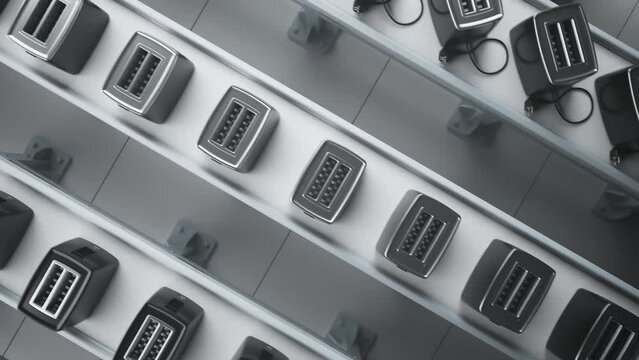 Conveyor belt with toasters. Production line of household electric appliances.