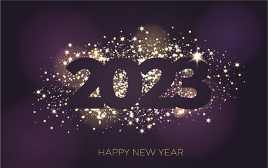 Golden Happy New year 2023 with an explosive sparkle on a Black blue background.