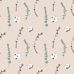 Boho seamless pattern with eucalyptus and cotton on beige background.