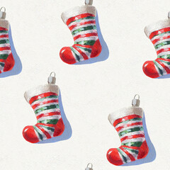 Retro Christmas Seamless Pattern. Christmas oil painting.  Santa's boots pattern. Christmas retro background