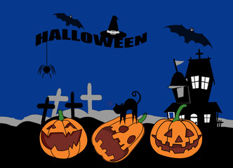 Halloween Pumpkin set with scary and happy face and text happy halloween, template for halloween night, invite card.