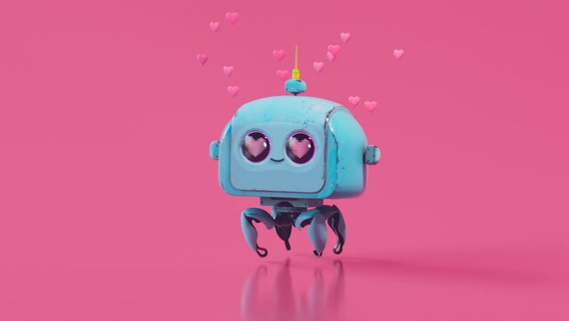 Tiny cute robot jumping cheerfully. Love, hearts, Valentine's day. Loop