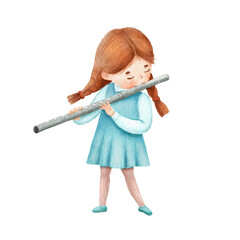Girl In blue dress playing flute. Gand drawn cute illustration isolated on white. Kid learns to play musical instrument © Elena