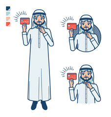 白い衣装を着たアラビア人男性がクレジットカードを指差しているイラスト
