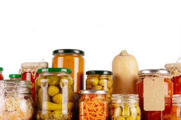 Isolated Autumn seasonal pickled or fermented vegetables and mushrooms in jars placed in row on a transparent background. Fall home food preserving or canning. Vegetarian and vegan foods