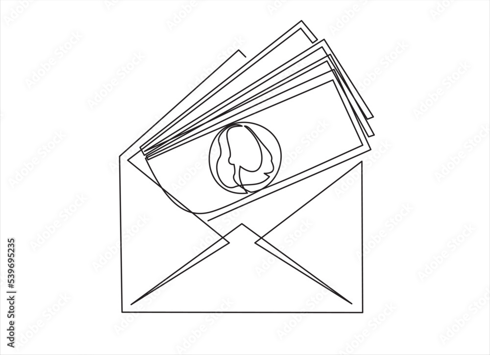 Poster continuous line drawing of open envelope with dollars banknotes