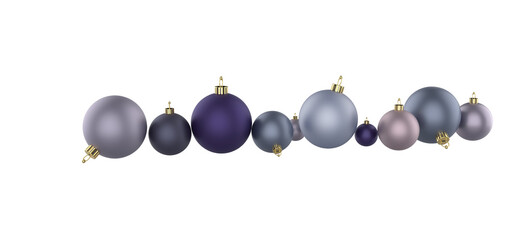 horizontal row of matte pink purple shades and silver christmas balls banner no shadow 3D-illustration banner