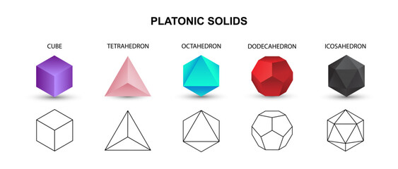 Set of colorful vector editable 3D platonic solids isolated on white background. Mathematical geometric figures such as cube, tetrahedron, octahedron, dodecahedron, icosahedron. Icon, logo, button.