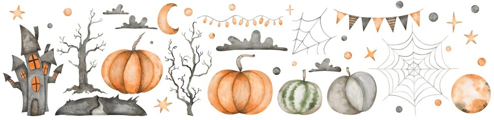 Watercolor set with haunted house, pumpkins, spider's web, moon, clouds and other spooky elements for Halloween
