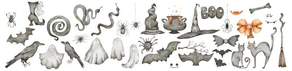 Watercolor set with snakes, witch's hats and boots, ghosts, bats, black cats and other creepy cute elements for Halloween