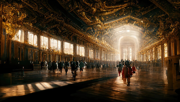 AI generated image of a interiors of a grand ornate vintage beautiful palace in Europe