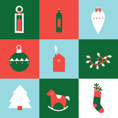 Merry Christmas vector flat icons. Set for covers, invitations, posters, banners, flyers, illustration. Minimal template design for branding, advertising with winter Christmas composition.