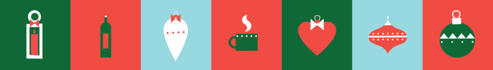 Merry Christmas vector flat icons. Set for covers, invitations, posters, banners, flyers, illustration. Minimal template design for branding, advertising with winter Christmas composition.