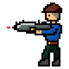 Fototapeta premium Pixel art male character holding a shotgun, isolated on white background. Vector illustration