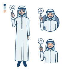 白い衣装を着たアラビア人男性が三角印パネルを出すイラスト - obrazy, fototapety, plakaty