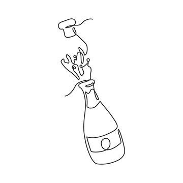 Continuous one line drawing of champagne bottle. Champagne opening with splash in line art style. Concept of holiday, victory. Png on transparent background