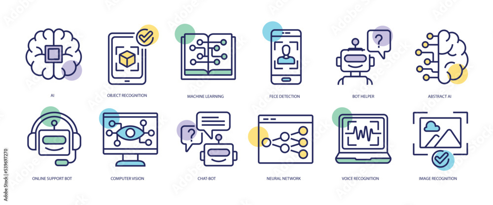 Aufkleber set of linear icons with ai concept in purple, yellow on blue colors. icons represent the part, func