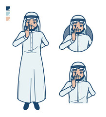 白い衣装を着たアラビア人男性が小声でささやいているイラスト