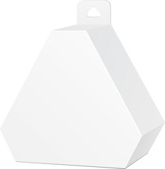 White Cardboard Hexagon Triangle Carry Box Bag Packaging With Hang Slot For Food, Gift Or Other Products. On White Background Isolated. Ready For Your Design. Product Packing Vector EPS10