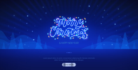 Merry Christmas Blue Neon Lettering Template