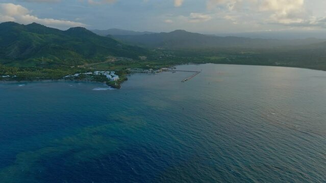 Aerial flight towards Bah&iacute;a de Maim&oacute;n a small resort town at Caribbean Sea in Puerto Plata 