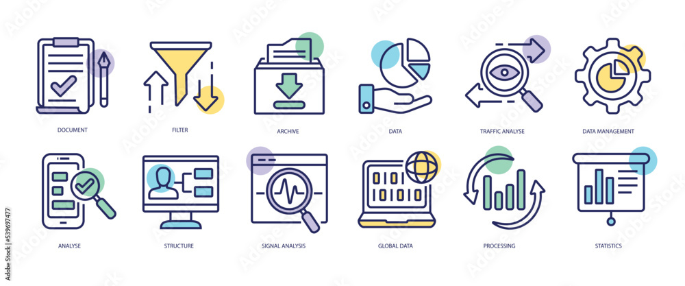 Poster set of linear icons with data analysis concept in purple, yellow on blue colors. images of complex p