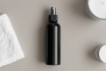 Black cosmetic spray bottle mockup with a towel on the beige table.