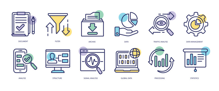Set of linear icons with Data Analysis concept in purple, yellow on blue colors. Images of complex processes involving data analysis from various gadgets. Vector illustration.