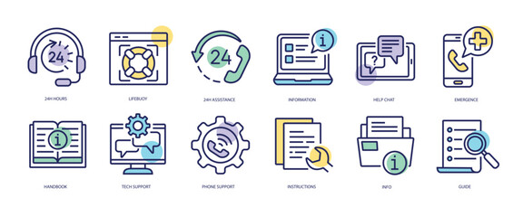 Set of linear icons with Help and Support concept in purple, yellow on blue colors. 12 icons with all types of technical support available. Vector illustration.