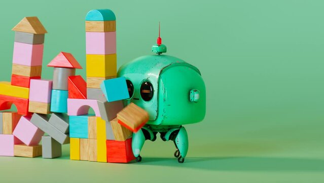 A tiny cute robot walks into wooden block castle. Toy destroys kid's building.