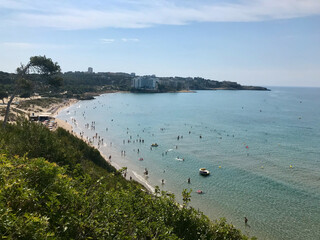 Salou, Spain, June 2019 - A flock of seagulls next to a body of water