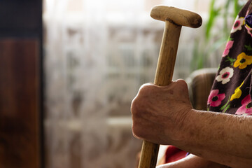 old woman with a stick, stick in hand, old hand, oldness, pensioner, grandmother at home