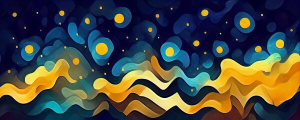 Fototapeta na wymiar Background illustration inspired by the painting of Vincent Van Gogh - Moonlit Night. Glowing moon and starry sky abstract background. Backdrop.