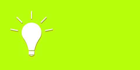 White glowing light bulb with shadow on lime green background. Illustration of symbol of idea. Horizontal image. Banner for insertion into site. Place for text cope space. 3D image. 3D rendering.