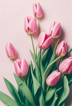 Beautiful composition spring flowers. Bouquet of pink tulips flowers on pastel pink background. Valentine's Day, Easter, Birthday, Happy Women's Day, Mother's Day. Flat lay, top view, copy space 3d il