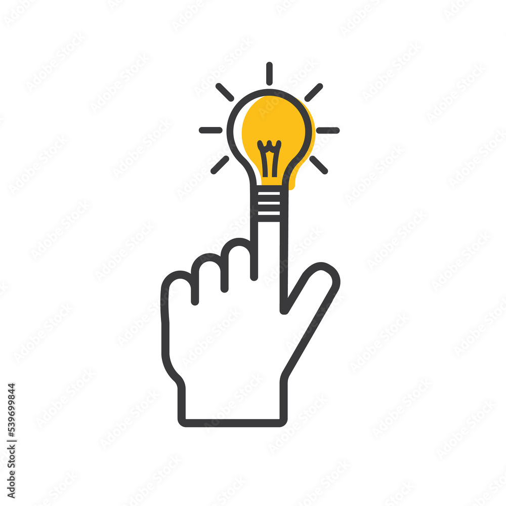 Poster lightbulb with a hand pointing at it. having a new creative idea, business strategy concept.