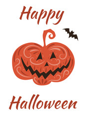 Happy Halloween card with pumpkin jack o lantern and bat. Vector illustration.