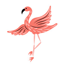Flamingo with spread wings stands on one leg. Vector illustration.