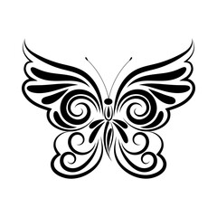 Stylized black butterfly with ornate ornament. Isolated element on a white background. Vector illustration. Tattoo.