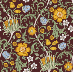 Floral seamless pattern with field of flowers on burgundy background. Vector illustration. - 539699826