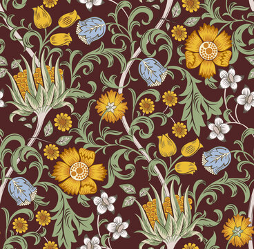 Floral seamless pattern with field of flowers on burgundy background. Vector illustration.