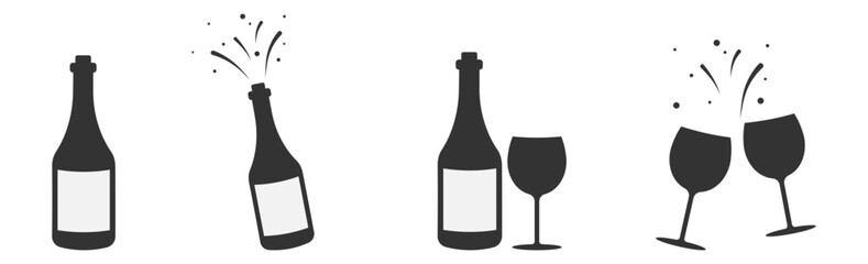 Set of champagne bottle and  glasses black silhouette icons. Simple vector illustration.