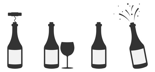 Set of champagne bottle and  glasses black silhouette icons. Simple vector illustration.
