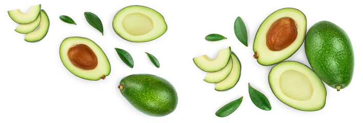 avocado and slices isolated on white background with copy space for your text. Top view. Flat lay